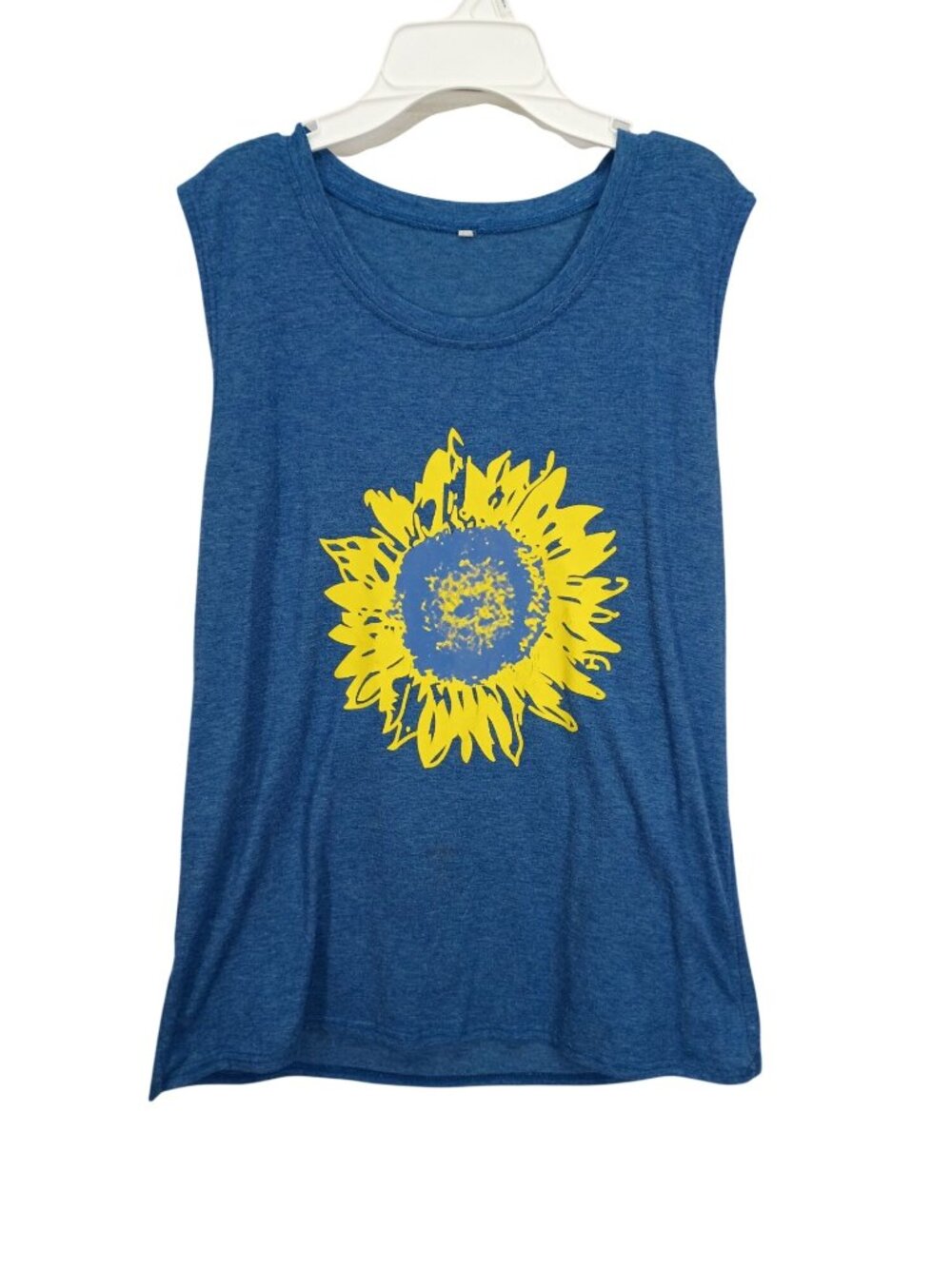 Blue Sleeveless Sunflower Print Womens Top XL Cotton Blend Lightweight